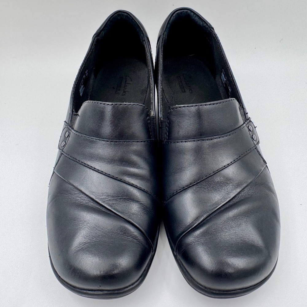 Clarks May Marigold Womens Ortho Black Leather Slip On Wedge Loafers Shoes 8.5M